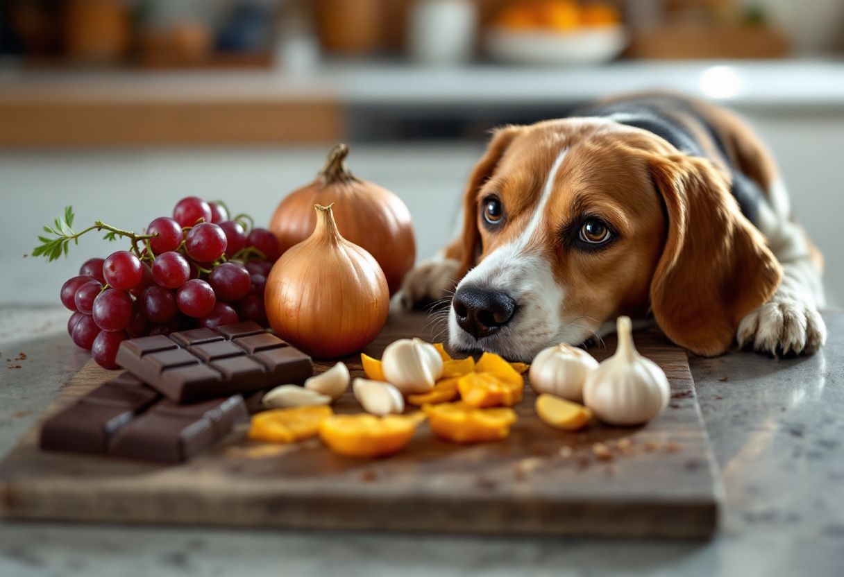 Un beagle pose le menton sur un plan de travail où sont posés du chocolat, du raisin, de l'ail et un oignon