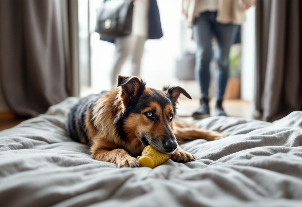 Un chien croisé berger mâchonne un jouet sur son coussin pendant que son maître sort de l'appartement
