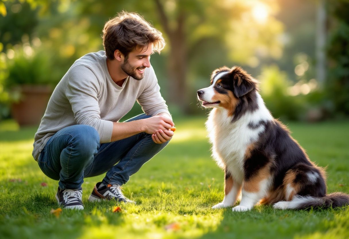 Un jeune homme accroupi dans un jardin félicite un chiot berger australien tricolore
