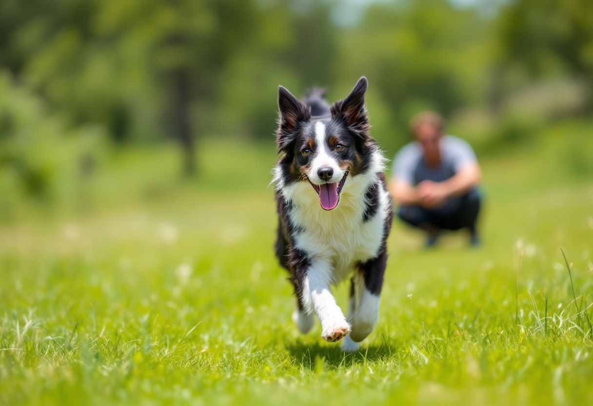 Un border collie noir et blanc court vers son maître accroupi au milieu d'un pré