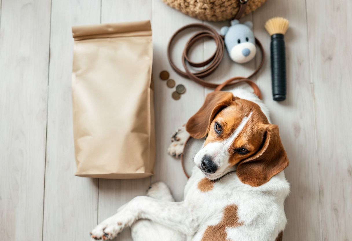 Un beagle allongé sur un parquet clair à côté d'un sac de croquettes, d'une laisse, d'une brosse et de quelques pièces