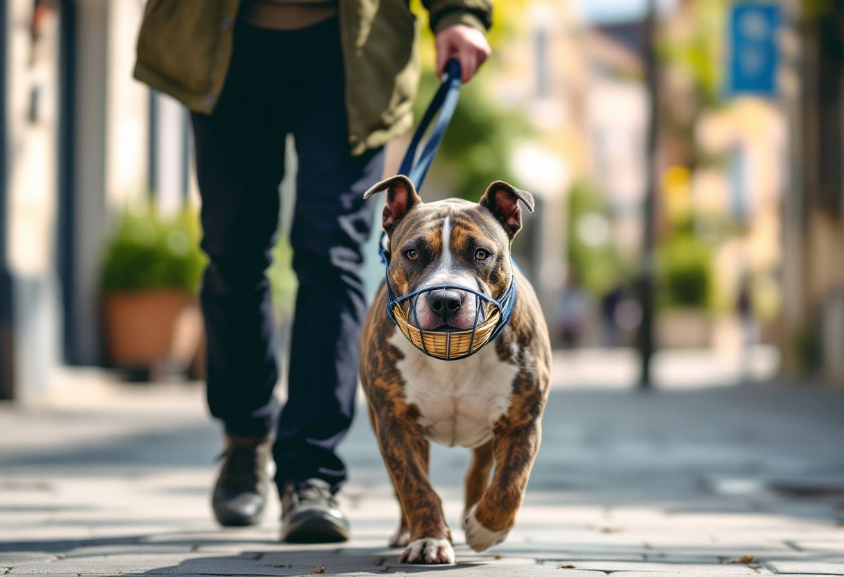 Un american staffordshire terrier bringé marche en laisse avec une muselière panier dans une rue