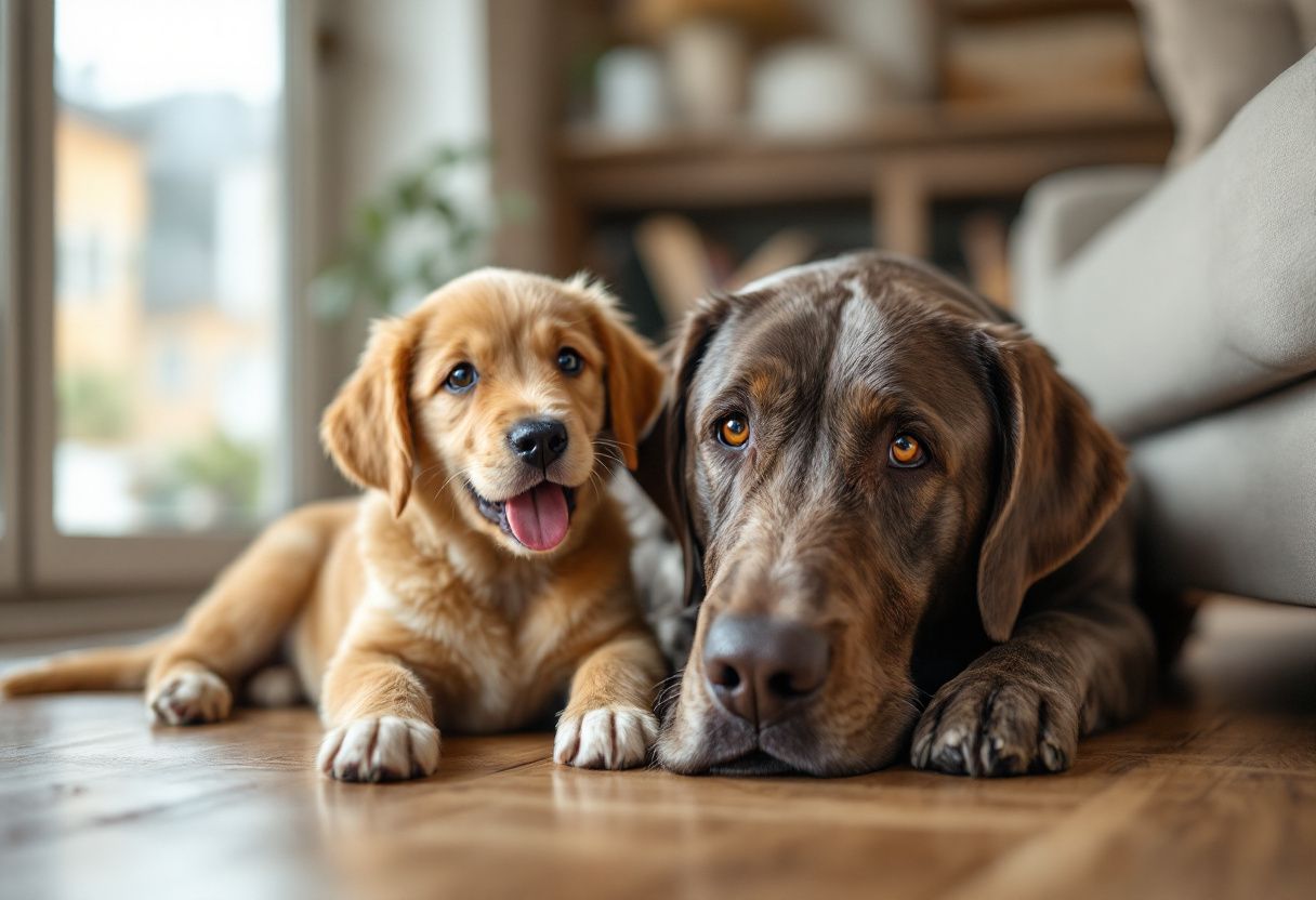 Un chiot doré et un vieux labrador brun couchés côte à côte sur un parquet