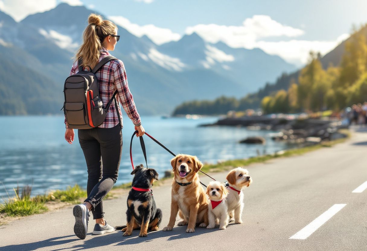 Une promeneuse avec un sac à dos promène trois chiens en laisse au bord d'un lac, montagnes en face