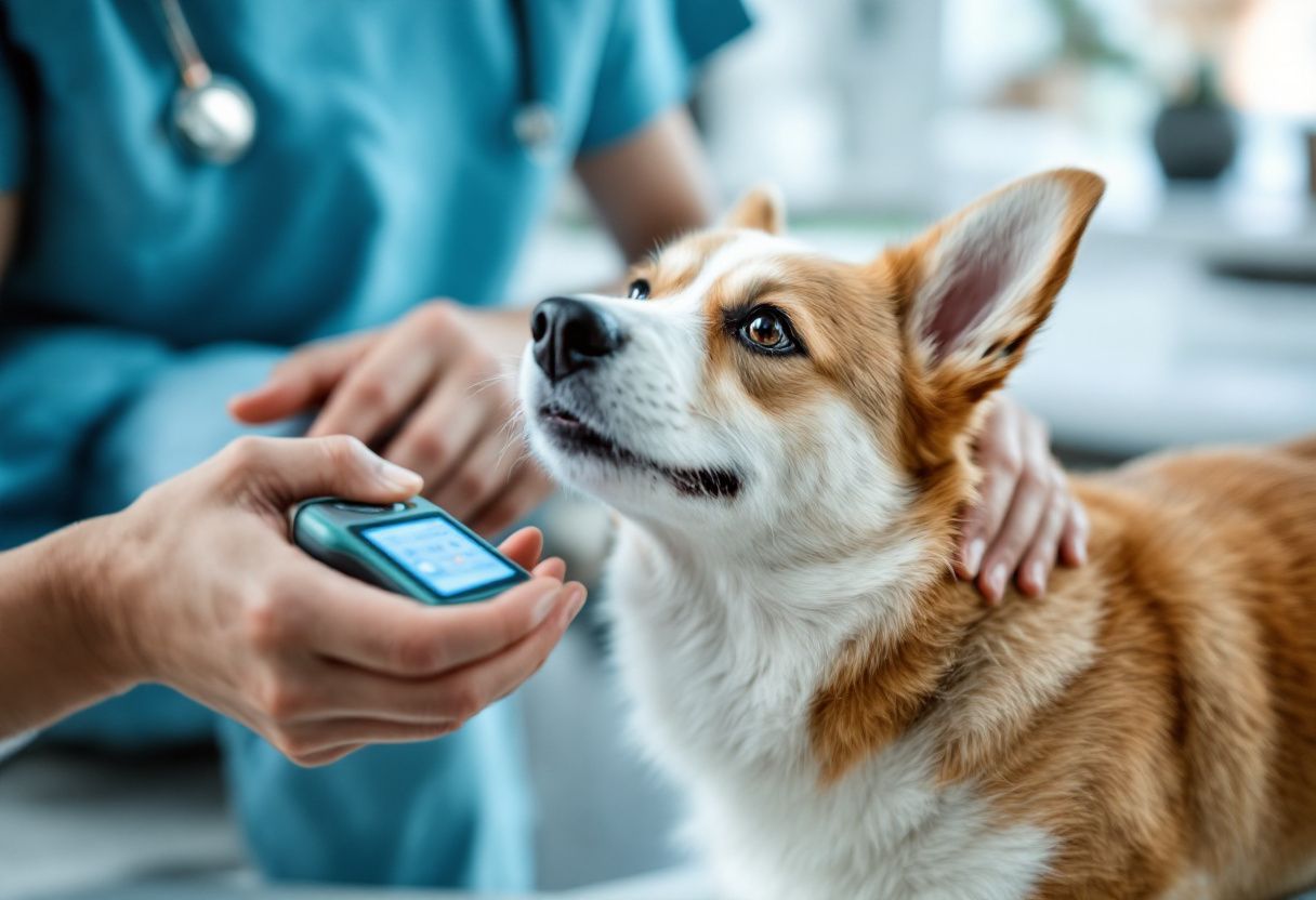 Un vétérinaire passe un lecteur de puce électronique sur le cou d'un corgi
