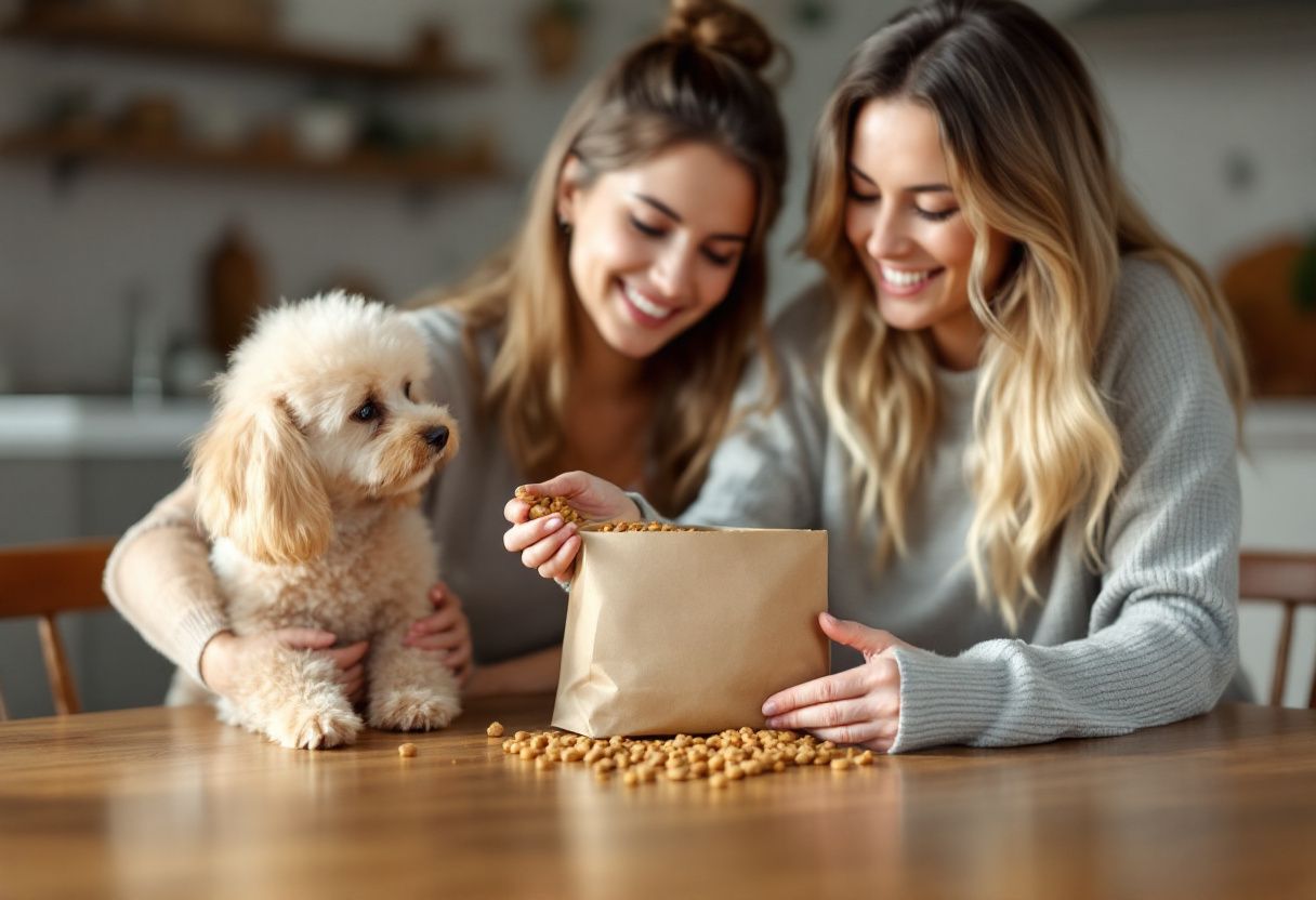 Une femme verse des croquettes dans sa main pour les regarder, un petit caniche beige la regarde