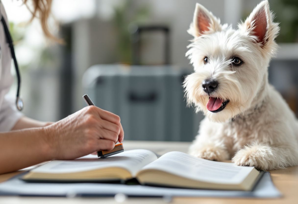 Un vétérinaire remplit un carnet ouvert sur son bureau, un westie blanc assis à côté