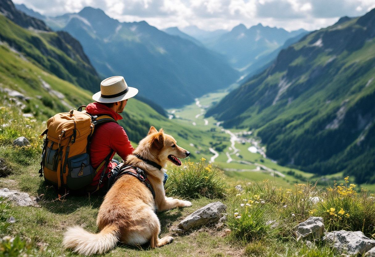 Un randonneur et un chien couleur sable font une pause sur un sentier au-dessus d'une vallée des Alpes
