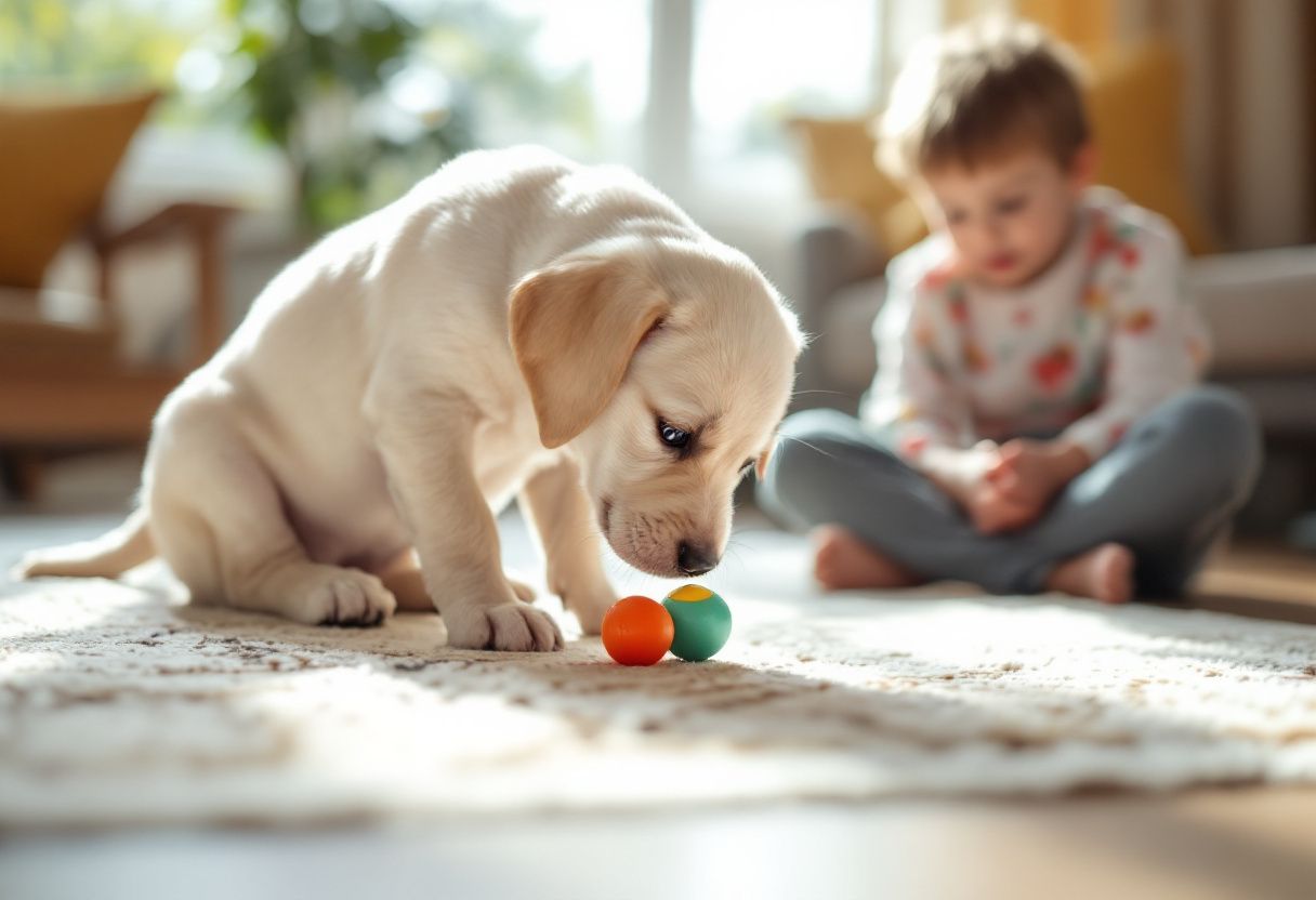 Un chiot labrador crème renifle une balle sur un tapis, un enfant assis en tailleur le regarde