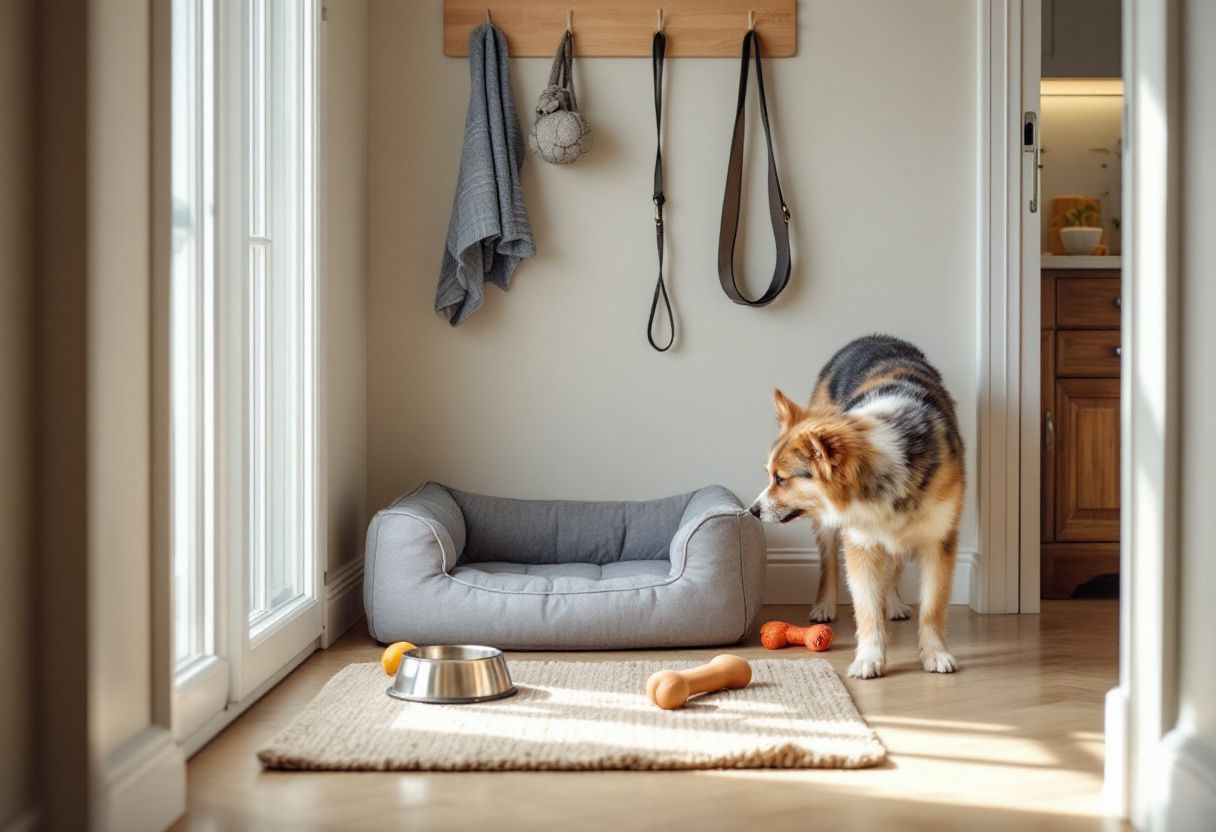 Une entrée d'appartement avec un panier gris, deux gamelles, des laisses au mur et un jeune chien qui renifle