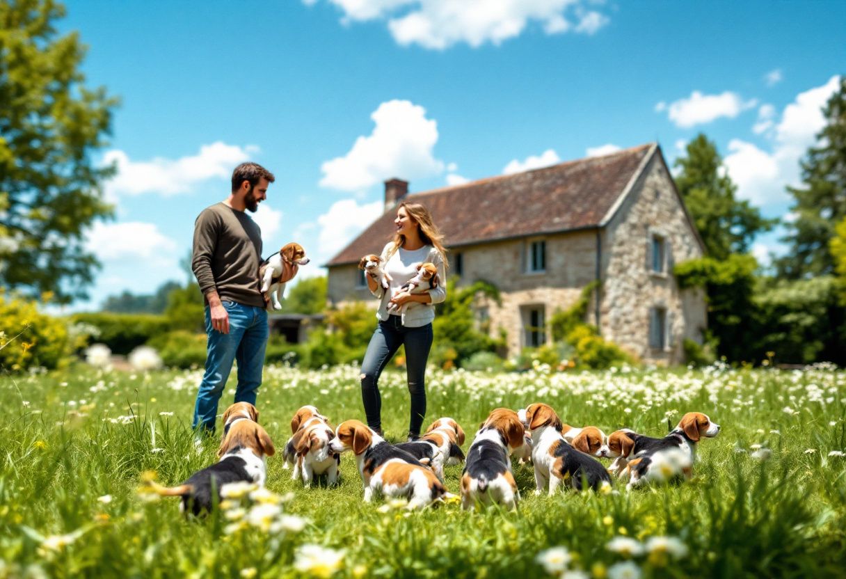 Un couple chez un éleveur de beagles, une portée de chiots joue dans l'herbe devant une ferme en pierre