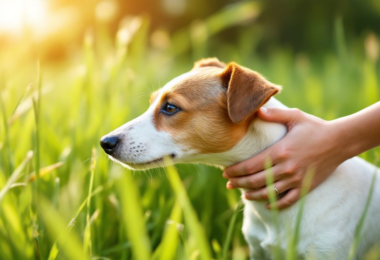 Des mains écartent le poil d'un jack russell assis dans l'herbe haute pour chercher des tiques