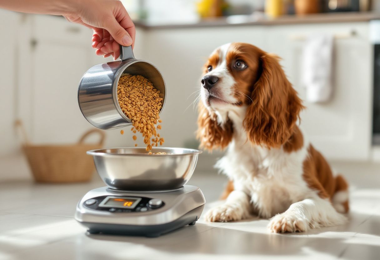 Une main verse des croquettes dans une gamelle posée sur une balance de cuisine, un springer attend assis