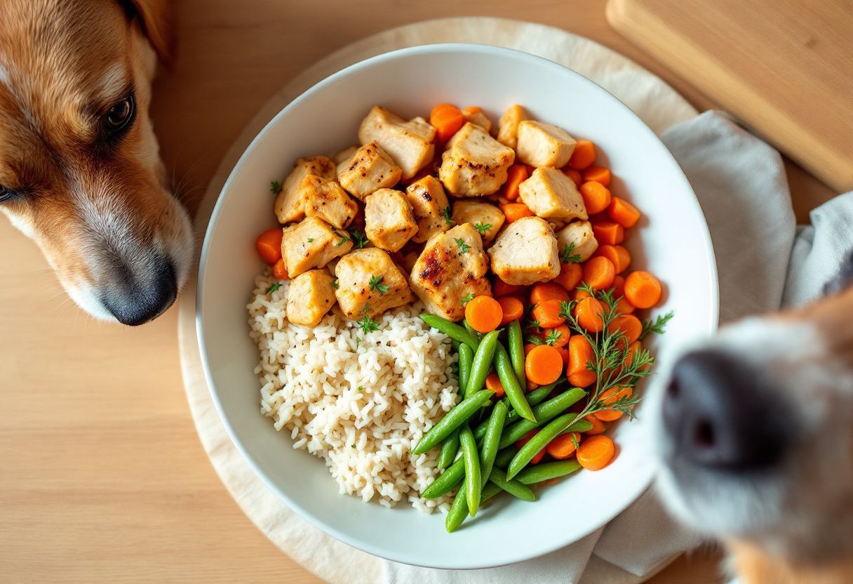 Une gamelle de poulet cuit, riz, carottes et haricots verts sur une table en bois, une truffe de chien entre dans le cadre