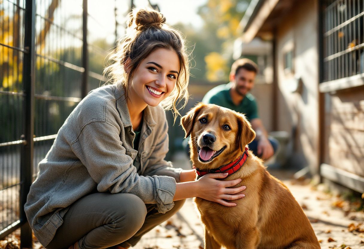 Une femme accroupie caresse un chien brun au collier rouge dans l'enclos d'un refuge