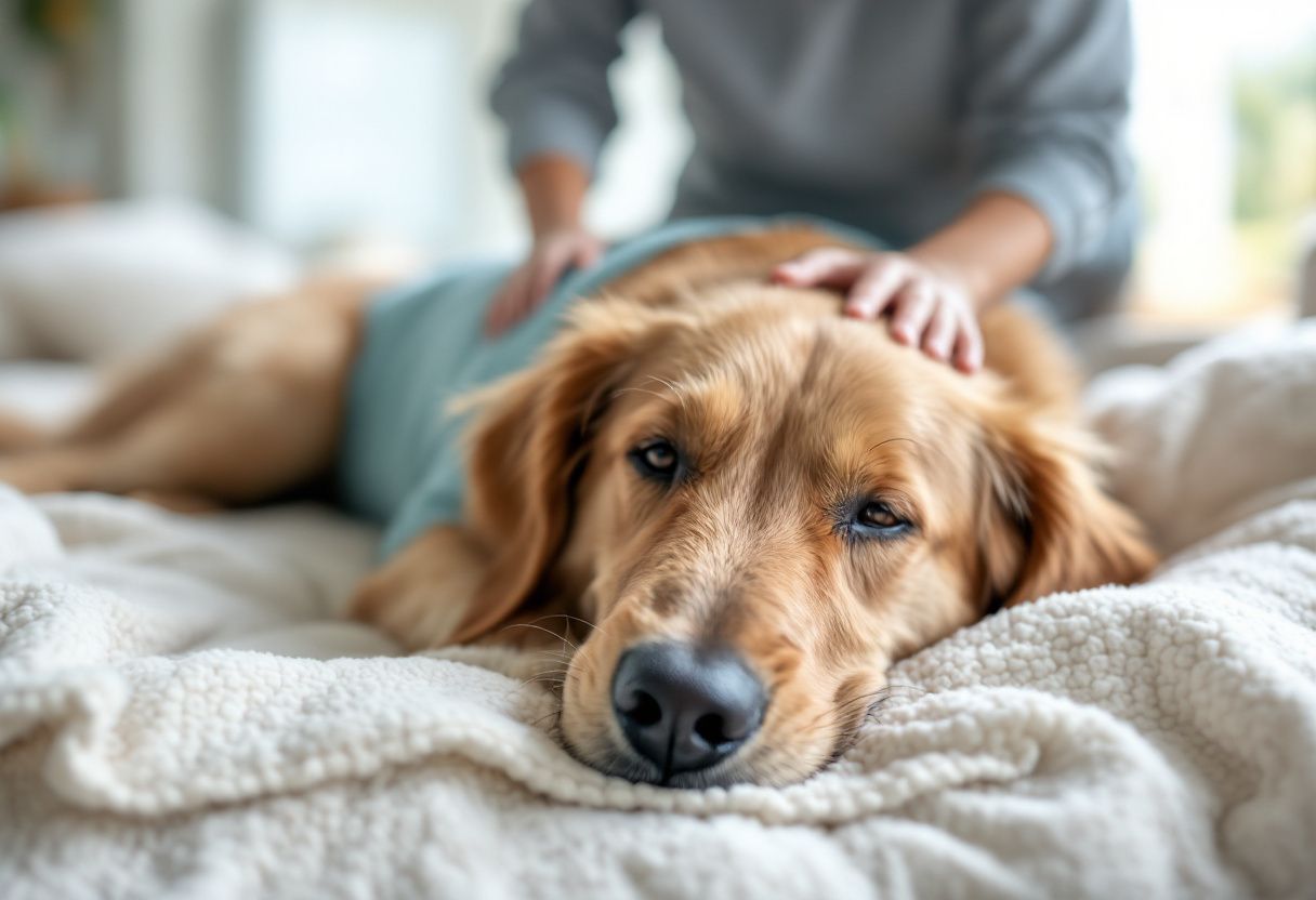 Une golden retriever se repose sur une couverture en body de convalescence, une main lui caresse la tête