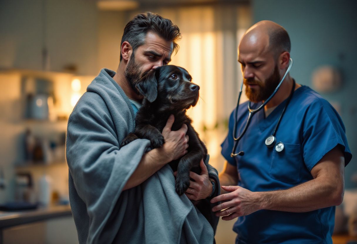 Un homme tient un chien noir enveloppé dans une couverture pendant qu'un vétérinaire l'ausculte