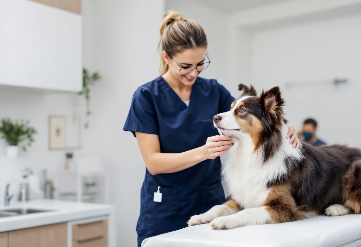 Une vétérinaire en tenue bleu marine tient un border collie calme sur la table d'examen