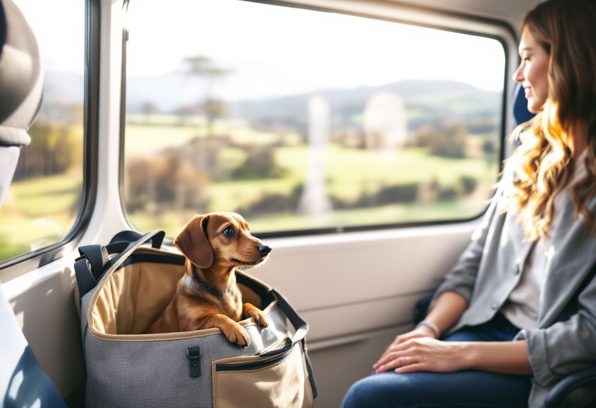 Un teckel regarde par l'ouverture d'un sac de transport posé aux pieds d'une voyageuse dans un train